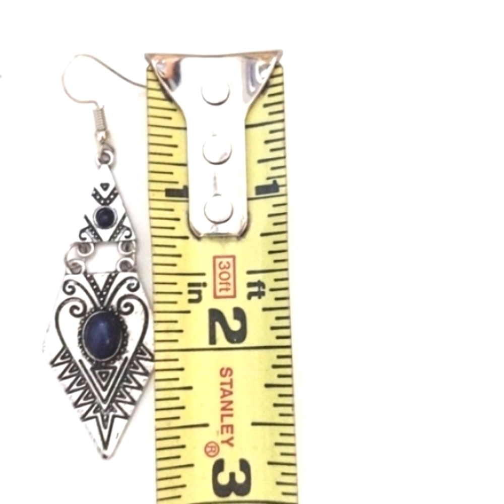 VINTAGE TRIANGULAR GEOMETRIC DROP DANGLE SILVER-TONE & BLUE HOOK 2.8" EARRINGS - Picture 6 of 6